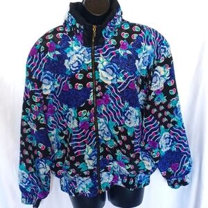 LAVON Floral oversized Bomber Jacket M, blue & purple, 26" ptp, 25" long